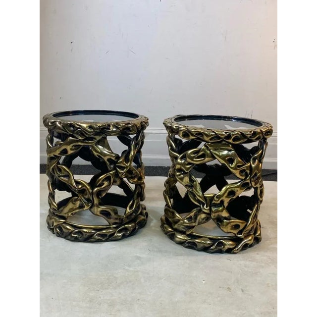 Modernist Pair of Blackened Gold Resin Taffy Cylindrical Tables with Inset Glass Tops Designed In The Manner Of Tony...