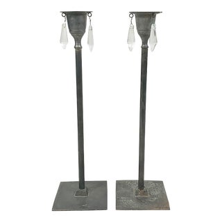 Vintage Metal and Crystal Candlestick Holders- a Pair For Sale