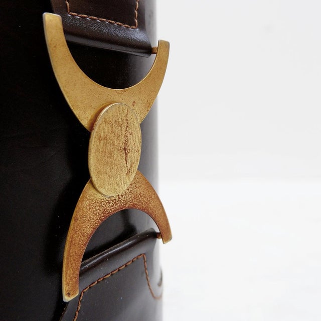Brown Leather Wastebasket with Decorative Brass Buckle For Sale - Image 6 of 10