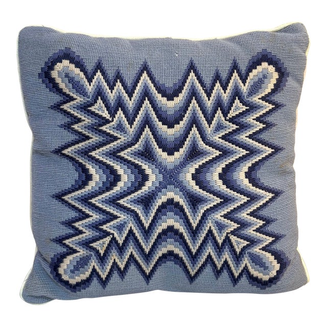 Blue Flamestitch Star Needlepoint Pillow For Sale