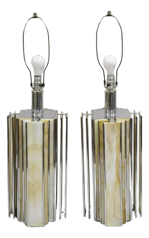 Vintage Art Deco Chrome & Stained Glass Skyscraper Table Lamps - A Pair