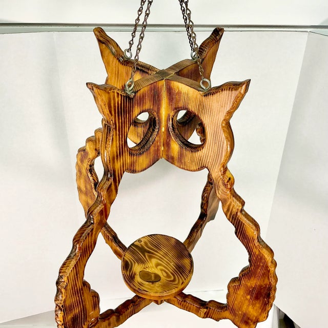 Burnt Umber 1970s Vintage Boho Chic Folk Art Burnt Pine Owl Hanging Planter. For Sale - Image 8 of 12