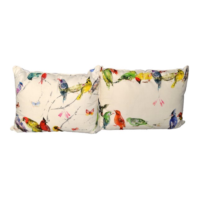 Mid-Century Modern Colorful Birds Textured Linen Fabric Down-Filled Pillows- Set of 2 For Sale