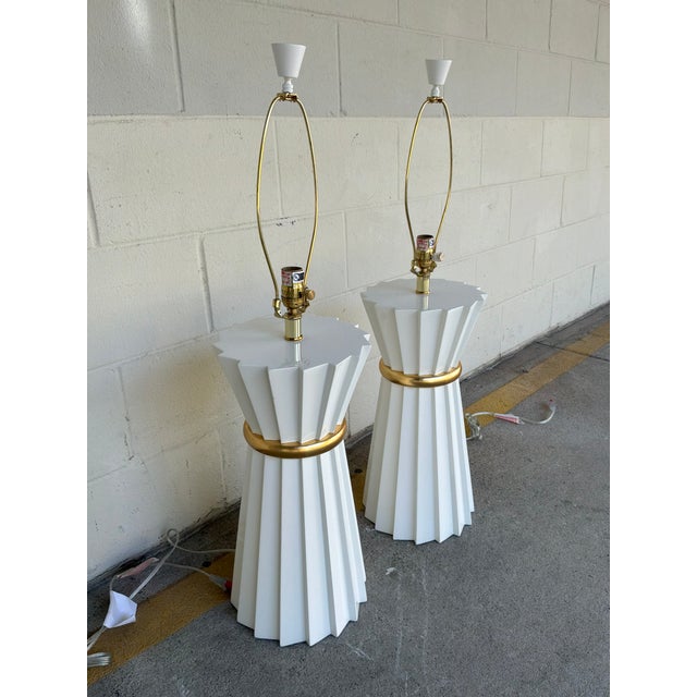 2020s Currey & Co Cinched White Lacquer Lamps - Pair. For Sale - Image 5 of 6