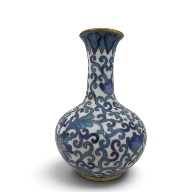 Chinese Chinese Cloisonne Turquoise & Cobalt Blue Enamel Flower Small Brass Vase For Sale - Image 3 of 10
