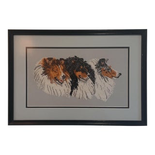 Late 20th Century Three Collie Dogs Needlepoint Cross Stitch Textile Art For Sale