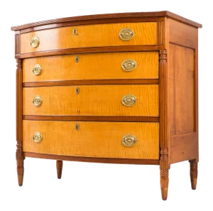 American Sheraton Cherry and Curly Maple Four Drawer Bow Front Chest