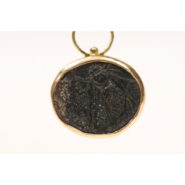 Ancient Stag & Bee Bronze Coin Pendant Trimmed in 18k Gold For Sale - Image 4 of 12