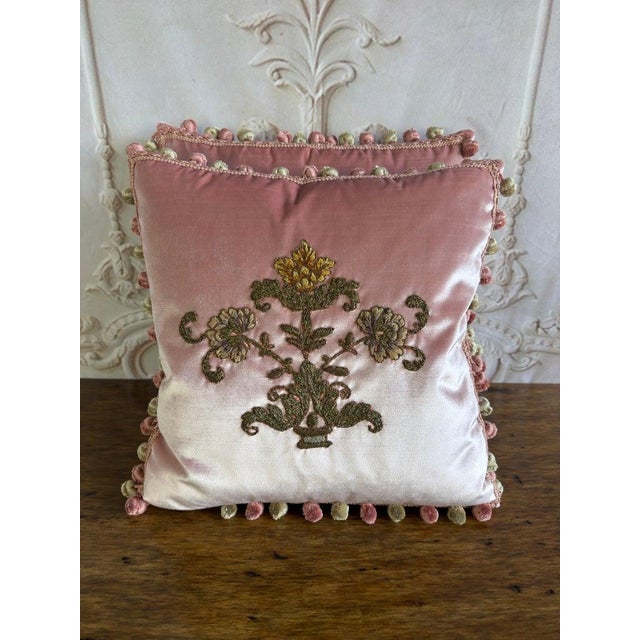 Pair of French Couture Blush Silk Velvet Pillows With 19th Century Appliques' For Sale - Image 9 of 12