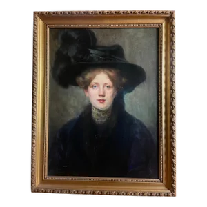 Oil on Canvas, Portrait Mademoiselle With a Hat Late 19th France Signed Julie Marest