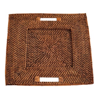 Large Handwoven Square Rattan Ottoman Tray With Cutout Handles, Late 20th Century For Sale