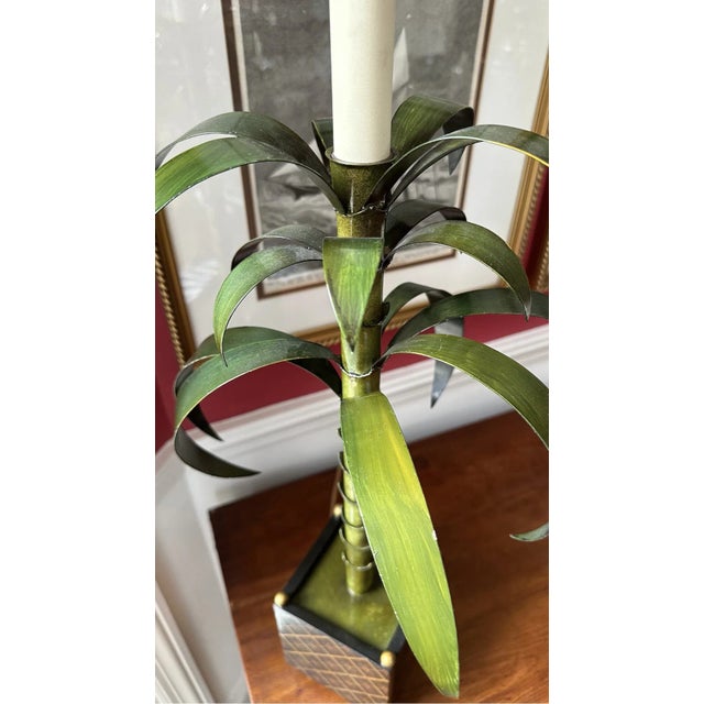 Vintage Hand Painted Tole Palm Tree Table Lamp With New Silk Shade For Sale In Savannah - Image 6 of 9