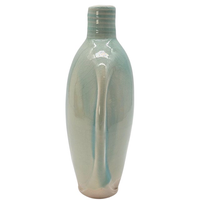 1990s White Studio Pottery Celadon Glazed Ceramic Vase California Signed 9" For Sale In San Francisco - Image 6 of 9