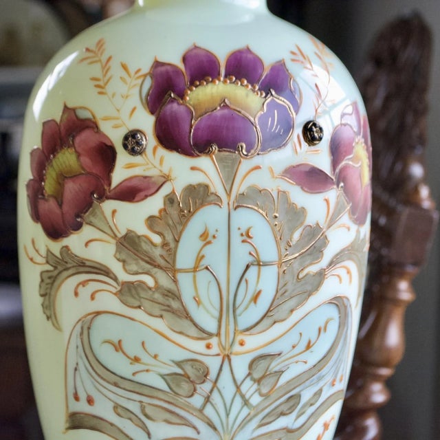 Late 19th Century Bohemian Uranium Opaline Glass Jar With Enamel Lotus Decoration – 3d Embossed, Circa 1870s For Sale - Image 5 of 8