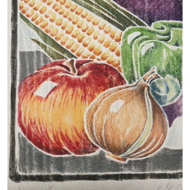 Red Vintage E.f. Cramer Harvest Still Life Fruit & Veggies White Line Woodcut Print For Sale - Image 8 of 10