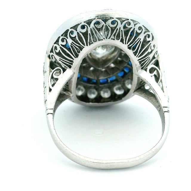 Antique White Art Deco Platinum Diamond and Calibré Sapphire Navette Ring, Circa 1920, Size 6 For Sale - Image 8 of 12