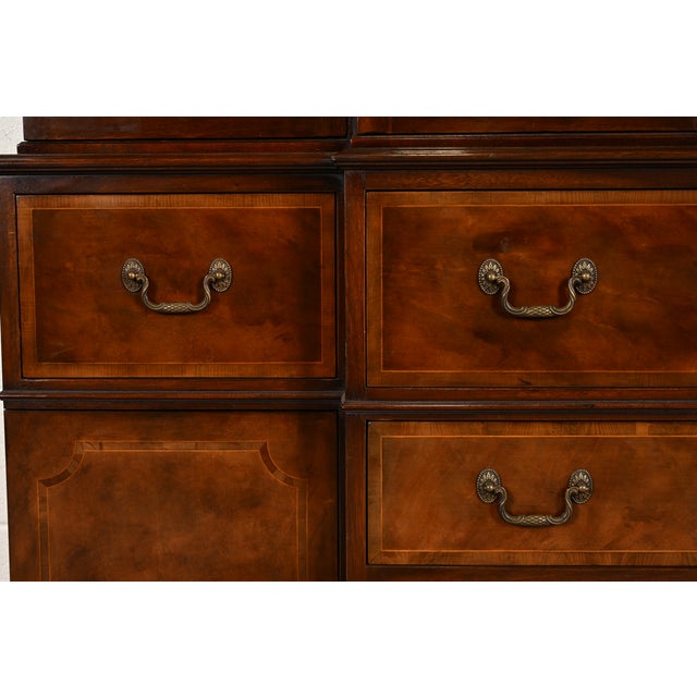 Baker Furniture Georgian Flame Mahogany Lighted Breakfront Bookcase Cabinet With Drop Front Secretary Desk, Circa 1960s For Sale - Image 11 of 17