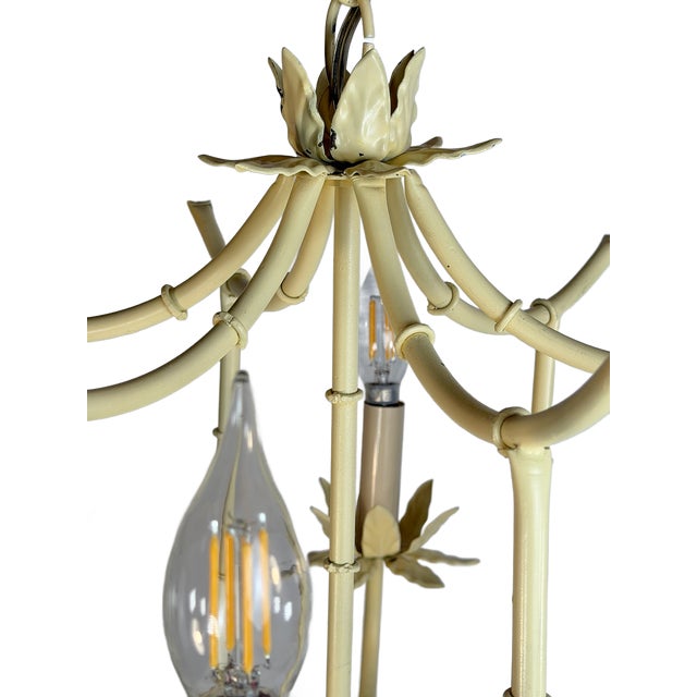Metal Vintage Faux Butter Cream Bamboo Pagoda Tole 5-Light Chandelier For Sale - Image 7 of 8