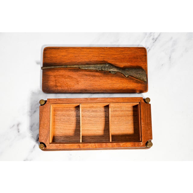 1940s Vintage Mid Century Hunting Theme Wood Box Sporting Desk & Jewelry Storage For Sale - Image 5 of 11