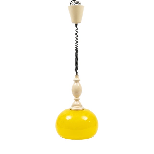 Vintage Yellow Opaline Glass Pendant Light with Spiral Cord, 1970s For Sale