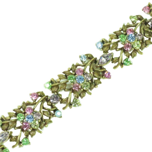Traditional Vintage Designer Coro Floral Pastel Link Bracelet 1950s For Sale - Image 3 of 8