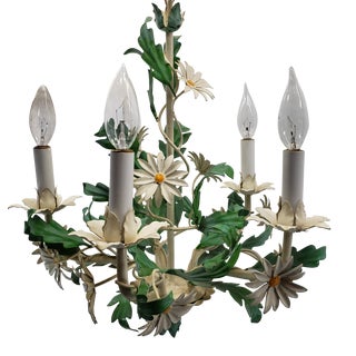Vintage Daisy Flowers Green Yellow White Tole Chandelier For Sale