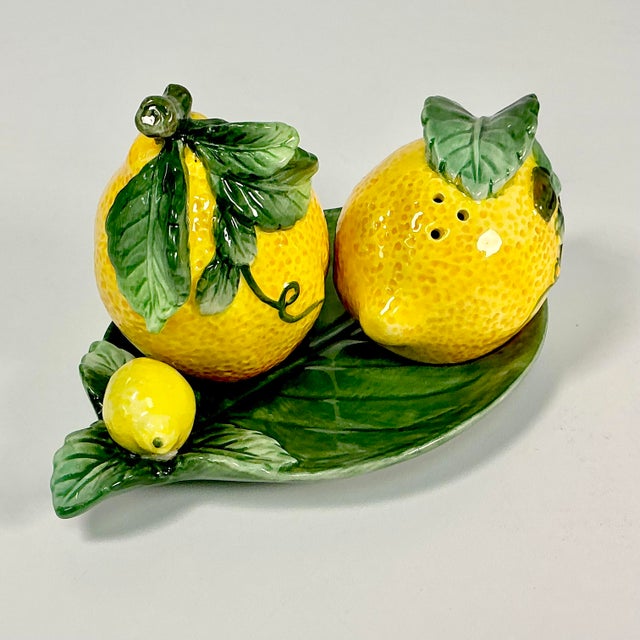 1980s Vintage Hollywood Regency Majolica Lemon Salt & Pepper Shaker - Set of 3 For Sale - Image 4 of 17