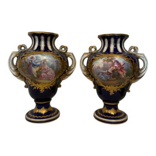 Pair of 19th Century Sevres Style Hand Painted Porcelain Vases For Sale