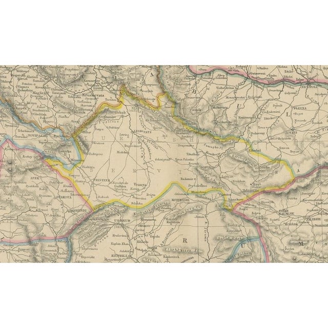 This finely detailed antique map illustrates turkey in europe together with the broader balkan peninsula, presenting a...