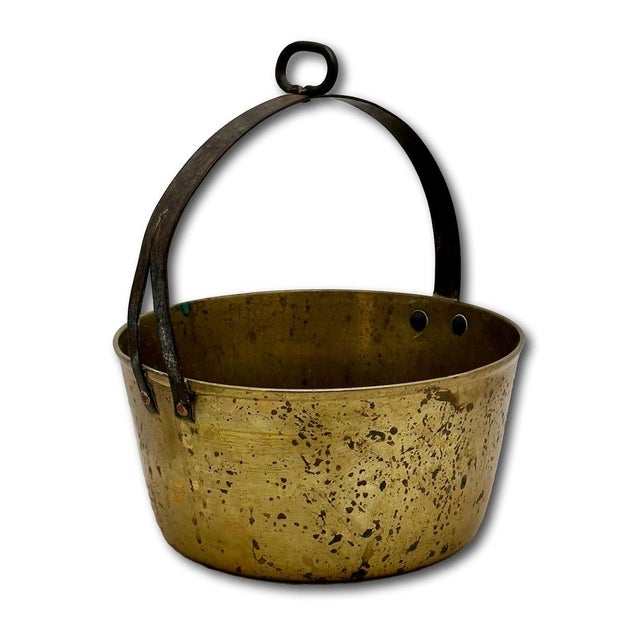 Unusual Mid 1800s Antique Heavy Brass & Hand Wrought Iron Fireplace Hearth Hanging Cooking Pot For Sale - Image 13 of 18