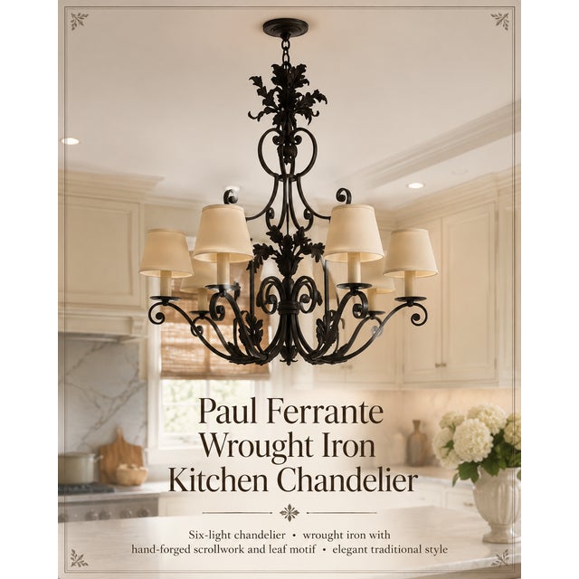 Elegant hand-forged wrought iron chandelier by Paul Ferrante, featuring beautifully detailed scrolling ironwork,...