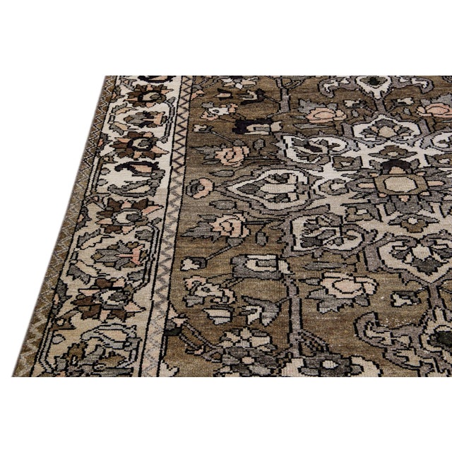 Brown Vintage Malayer Handmade Medallion Floral Brown Wool Rug For Sale - Image 8 of 10