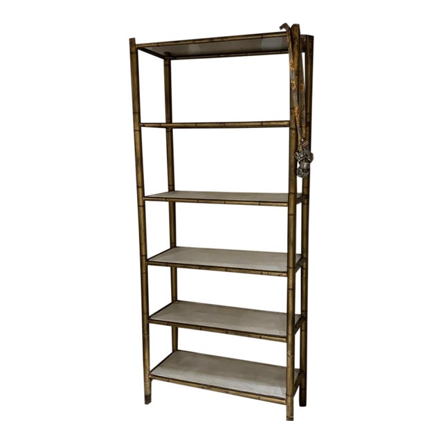 1970s Brass Bamboo Style Bookcase With Glass Shelves For Sale