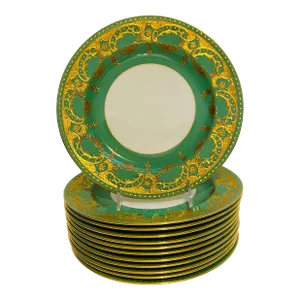 Heavily Gilt Encrusted Antique Green & Gold Minton England Dinner Plates - Set of 12