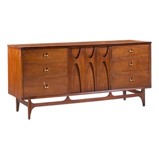 Broyhill Brasilia Mid Century Walnut and Brass Lowboy 9 Drawer Dresser For Sale
