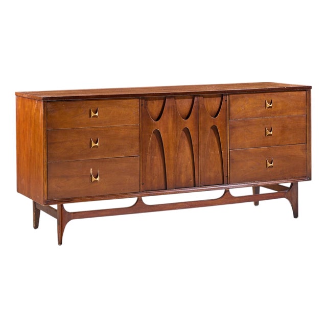 Broyhill Brasilia Mid Century Walnut and Brass Lowboy 9 Drawer Dresser For Sale