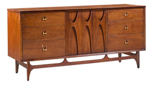 Broyhill Brasilia Mid Century Walnut and Brass Lowboy 9 Drawer Dresser