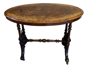 Antique Victorian Burr Walnut Inlaid Oval Occasional Table, 1860