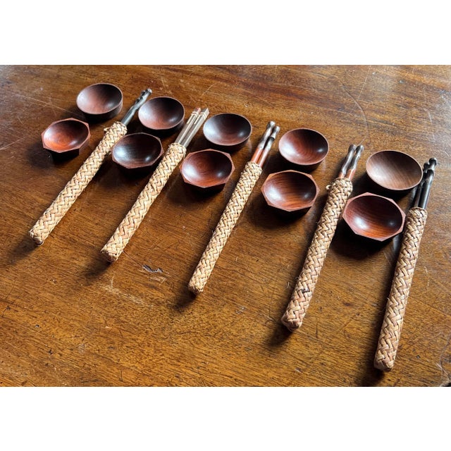 1990s Wood Chopsticks With Rattan Holder & Dipping Bowls Set- 15 Pieces For Sale - Image 12 of 12