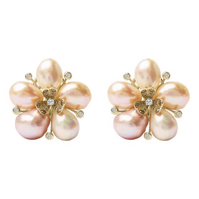 18K Rose Gold 3/8 Cttw Diamond and Freshwater Pearl Blossom Stud Earrings For Sale