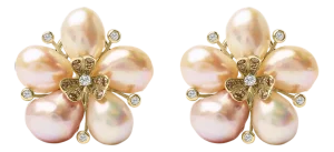 18K Rose Gold 3/8 Cttw Diamond and Freshwater Pearl Blossom Stud Earrings