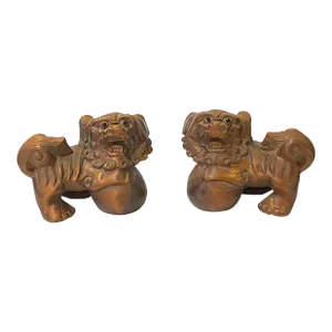 Chinese Pair Wood Carved Mini Foo Dog Lion FengShui Figures
