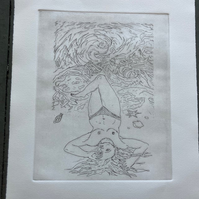 1970’s vintage surrealism folk female nude figure etching on rough edge paper. Signed. Etching measures 11x14 and overall...