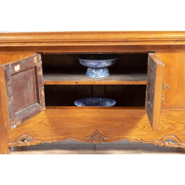 Chinese Elmwood Two-Door Low Kang Cabinet with Everted Flanges and Scrolls For Sale - Image 9 of 13