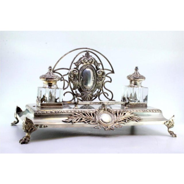 Relief Silver and Glass Inkwell with Monogram Cards, Frieze and Claw-Shaped Feet with Wooden Base, in Very Good...