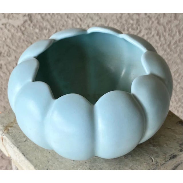 Circa 1950 Camark Pottery Style# 620 Earthenware Matte Bluish-Green Lotus Cachepot For Sale - Image 4 of 9