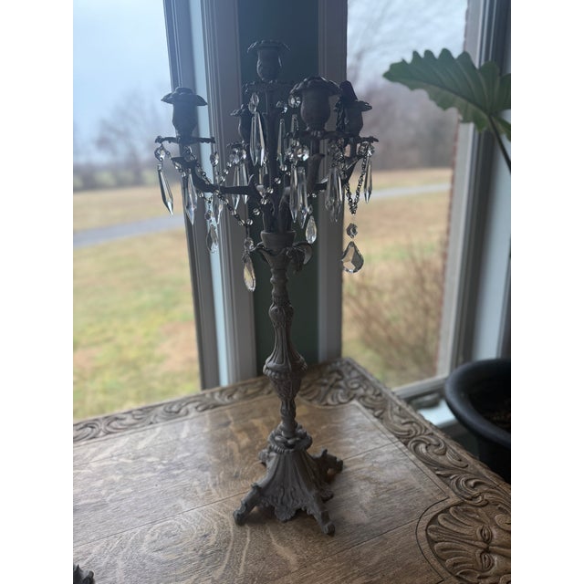 Late 20th Century Late 20th Century Victorian Cast and Crystal 5-Candle Candelabras For Sale - Image 5 of 9