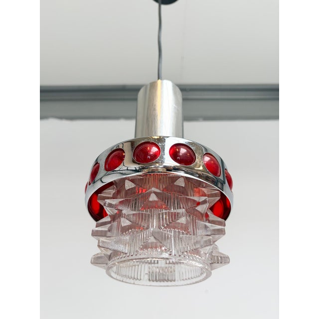 1960s Chrome with Red Glass Ceiling Lamp attributed to Raak Design Team for Massive Lighting, 1960s For Sale - Image 5 of 12