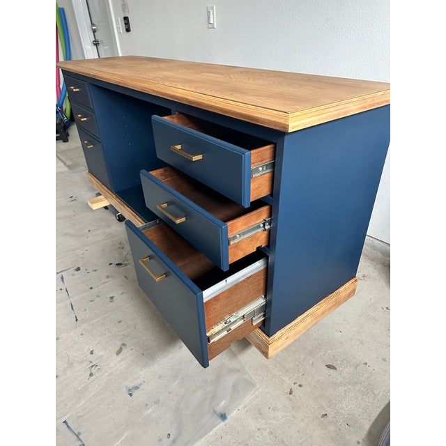 Modern Refinished Solid Cherry Wood 72” Storage Credenza / Tv Console – Dark Navy For Sale - Image 3 of 5