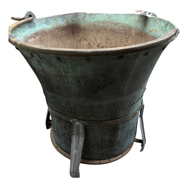 Large Antique Copper Cauldron with Iron Stand, 1890s For Sale